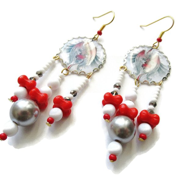 Red White Grey Goth Earrings Handmade Red Wings & Crucifix Gothic Style - Picture 2 of 8